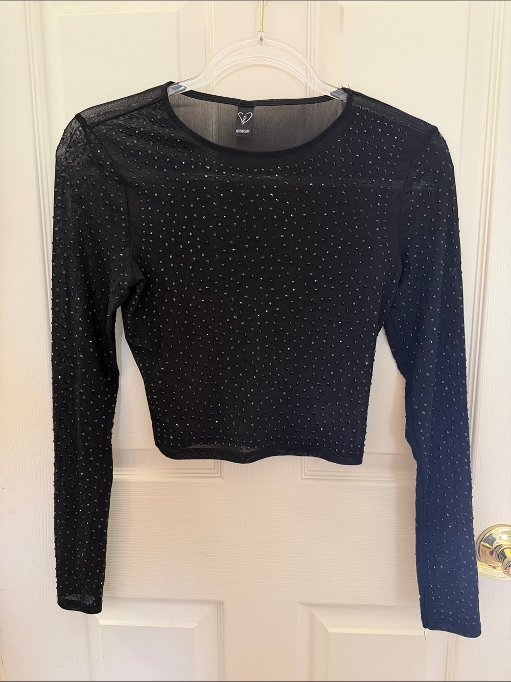 Windsor Sheer Cropped Beaded Black Top Size Medium